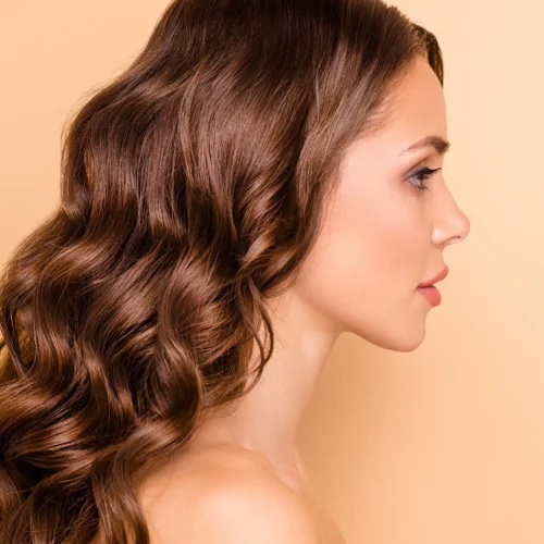 Profil de femme aux cheveux longs ondulés châtain